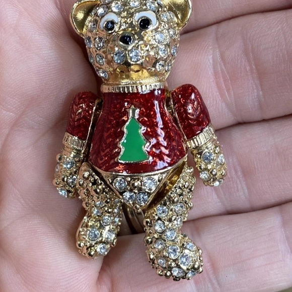 CHRISTMAS PIN BROOCH TEDDY BEAR HAPPY HOLIDAYS Red Green Enamel Crystals Gold 🧸 - Picture 10 of 11